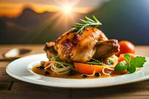 a plate of chicken with tomatoes and herbs on a table. AI-Generated photo
