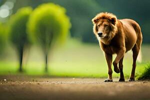 a lion walking on a road in the middle of a field. AI-Generated photo