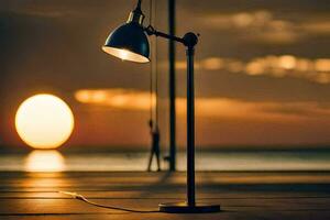 un lámpara en un de madera mesa en frente de el puesta de sol. generado por ai foto