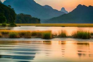 a lake with mountains in the background at sunset. AI-Generated photo