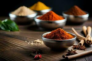 spices in a bowl on a wooden table. AI-Generated photo