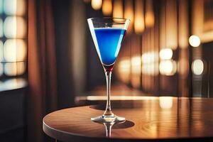 a blue cocktail sitting on a table in front of a window. AI-Generated photo