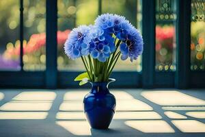 blue flowers in a vase on a table in front of a window. AI-Generated photo