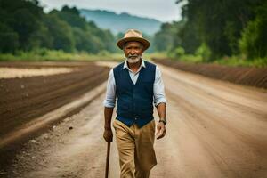 an old man walking down a dirt road. AI-Generated photo