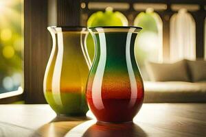 two colorful vases sitting on a wooden table. AI-Generated photo