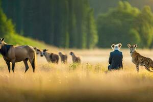 a man in a suit is standing in the middle of a field with a herd of animals. AI-Generated photo