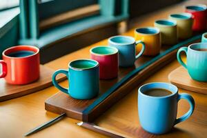 colorful coffee mugs on a wooden tray. AI-Generated photo
