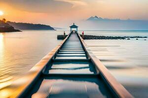 a long pier with a lighthouse in the background. AI-Generated photo