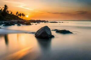 a beautiful sunset over the ocean with rocks and palm trees. AI-Generated photo