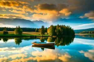 a boat is floating on the calm lake with trees and mountains. AI-Generated photo