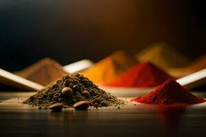 various spices and spices on a wooden table. AI-Generated photo