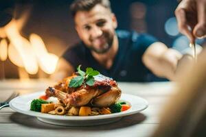 a man is holding a plate of food with a fire in the background. AI-Generated photo