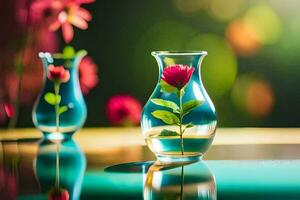 two vases with flowers in them on a table. AI-Generated photo