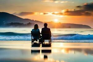 el Pareja es sentado en un banco en el playa a puesta de sol. generado por ai foto