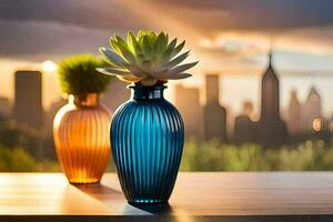 two vases with plants on a table in front of a city skyline. AI-Generated photo