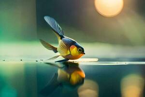 a fish is sitting on the water with a sun in the background. AI-Generated photo