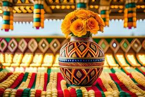 a colorful vase with yellow flowers on a colorful table. AI-Generated photo
