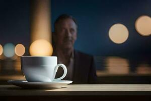 un hombre sentado a un mesa con un taza de café. generado por ai foto