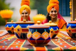 two women in colorful turbans sitting at a table with colorful pots. AI-Generated photo