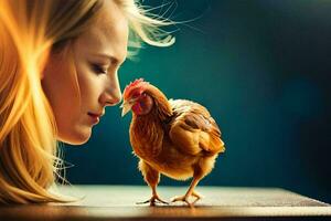 un mujer es mirando a un pollo. generado por ai foto