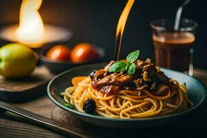 spaghetti with meat and vegetables on a wooden table. AI-Generated photo