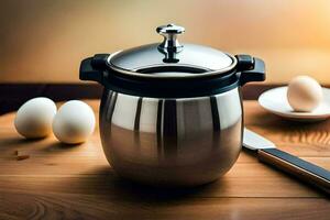 a stainless steel pot with eggs on a table. AI-Generated photo