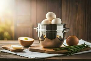 eggs in a basket on a wooden table. AI-Generated photo