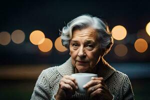 an older woman holding a cup of coffee. AI-Generated photo