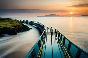 un hombre caminando en un puente terminado el Oceano a puesta de sol. generado por ai foto