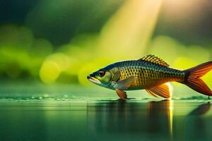 a fish is standing on the water with sunlight shining on it. AI-Generated photo
