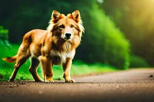 a dog is standing on the road in the middle of a field. AI-Generated photo