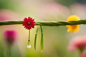 a red flower is on a branch with a green stem. AI-Generated photo