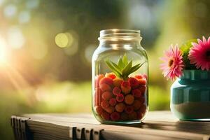 a jar filled with berries and flowers on a table. AI-Generated photo