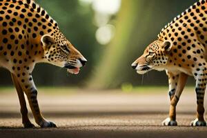 two cheetahs fighting in the middle of a road. AI-Generated photo