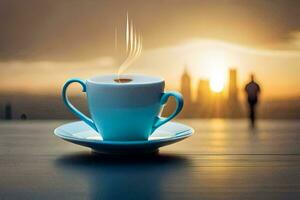 the coffee cup is on a table with a cityscape in the background. AI-Generated photo