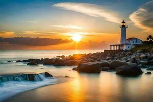the lighthouse at sunset with waves crashing into the rocks. AI-Generated photo