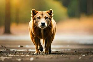 un marrón perro caminando en un suciedad la carretera. generado por ai foto