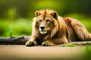 a lion is sitting on the ground in the forest. AI-Generated photo