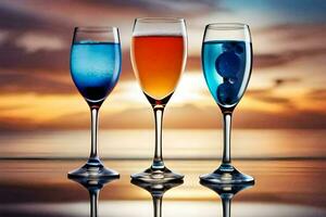 three glasses of different colored drinks on the beach. AI-Generated photo