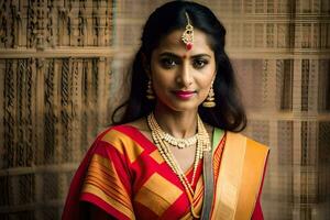 a beautiful indian woman wearing a red and orange sari. AI-Generated photo