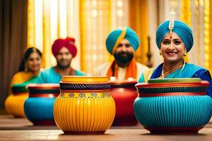 a group of people in colorful turbans are holding colorful pots. AI-Generated photo