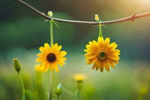 two yellow flowers hanging from a branch in a field. AI-Generated photo