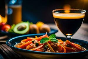 un cuenco de comida con un vaso de café y un plato de vegetales. generado por ai foto