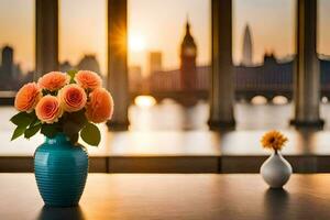 a vase with flowers on a table in front of a city skyline. AI-Generated photo