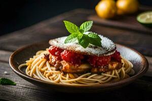 a plate of spaghetti with meat and tomatoes. AI-Generated photo