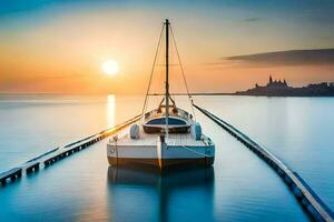 a boat docked at the end of a pier at sunset. AI-Generated photo