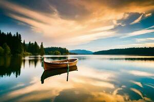 a boat on a lake with a sky and trees. AI-Generated photo
