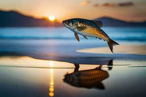 un pescado saltando fuera de el agua a puesta de sol. generado por ai foto