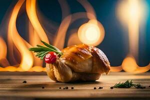 roasted chicken on a wooden table with fire in the background. AI-Generated photo