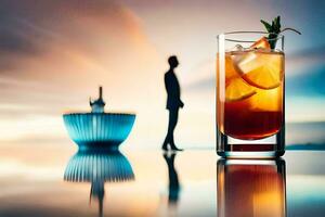 a man is standing in front of a glass of drink. AI-Generated photo